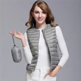 2019 New Women White Duck Down Vest Ultra Light Jacket Autumn Winter Round Colla