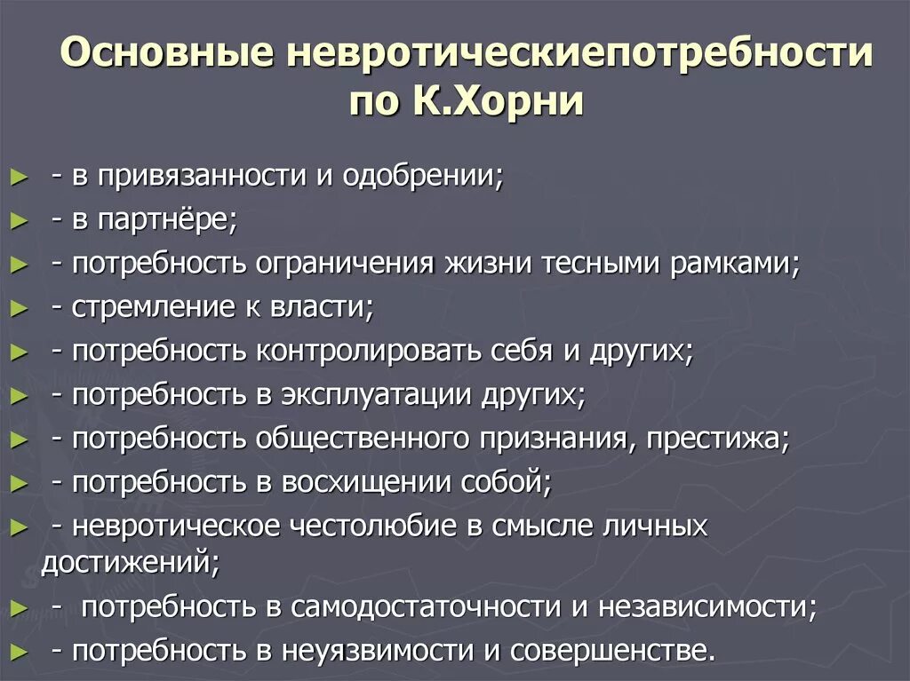 Невротические потребности Хорни. 10 Невротических потребностей по Хорни. Теория Хорни о невротических потребностях. Конфликт хорни