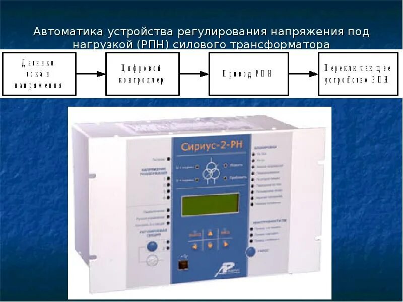 Регулирование под нагрузкой РПН. Микропроцессорный блок управления генератором. Регулированием напряжения под нагрузкой РПН. Автоматика регулирования напряжения трансформатора схема.