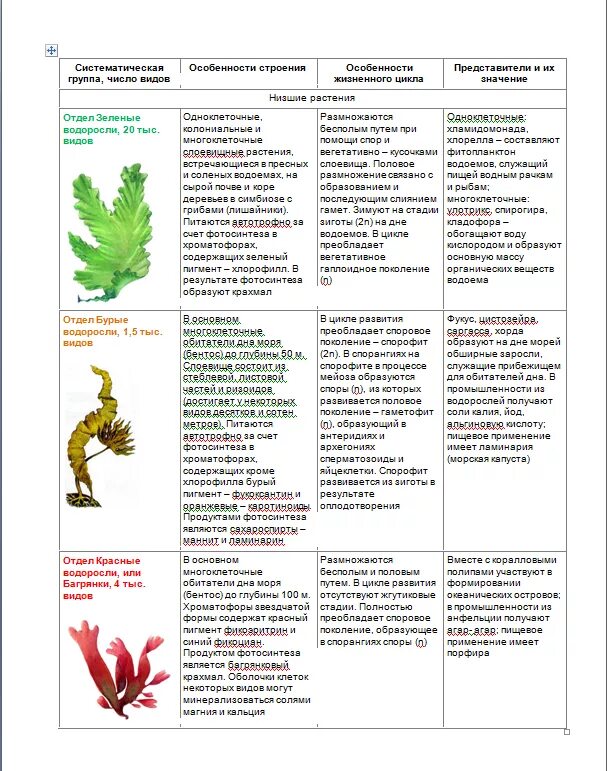 Характеристика классов водорослей. Отделы водорослей таблица 6 класс биология. Водоросли зеленые бурые красные таблица. Классификация водорослей таблица. Зелёные водоросли представители таблица.