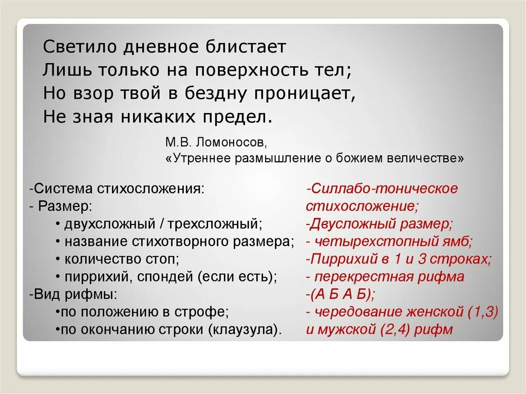 Ломоносов утреннее размышление. Системы стихосложения. Размеры стихосложения. Системы стихосложения в литературе. Теория стихосложения.