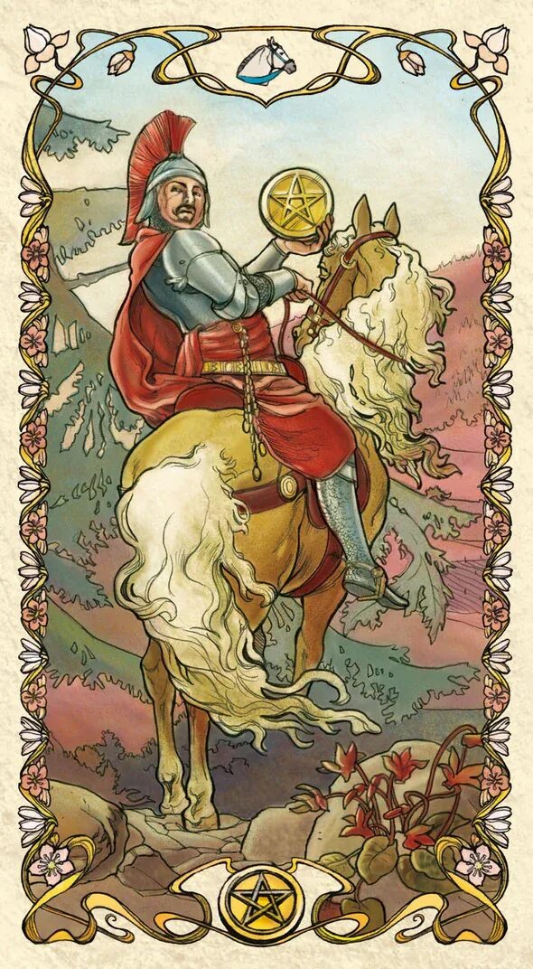 Рыцарь пентаклей расклад. Mucha Tarot галерея. Рыцарь денариев Таро. Рыцарь пентаклей Таро.