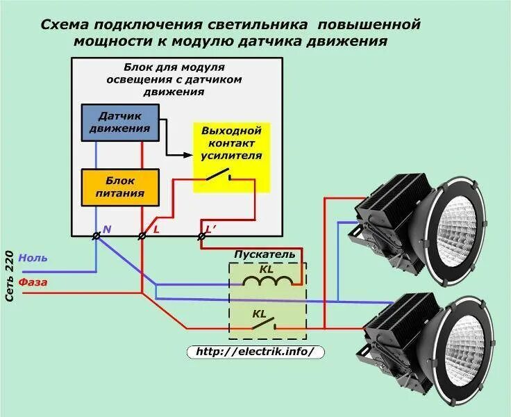 Как подключить движения. Схема подключения двух прожекторов к датчику движения. Схема подключения датчика движения через контактор. Схема подключения датчика движения к прожектору светодиодному. Схема подключения датчика движения через пускатель.