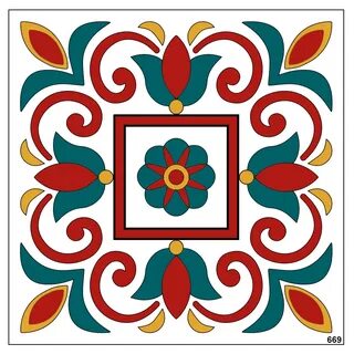 an artistic tile design with red, blue and yellow flowers in the center on ...