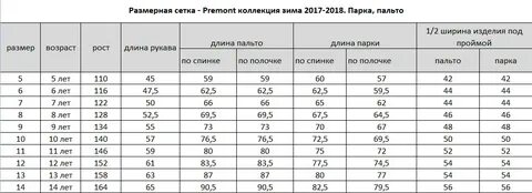 Размерная сетка зимних