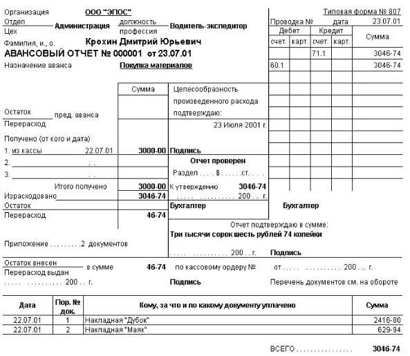 Пример 286. Авансовый отчет типовая форма 807. заполнение авансового отчета форма 286.