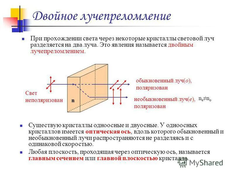 Явление двойного лучепреломления. Одноосные Кристаллы двойное лучепреломление поляризаторы. 2 Двойное лучепреломление в одноосных кристаллах.. Прохождение света через одноосный Кристалл.