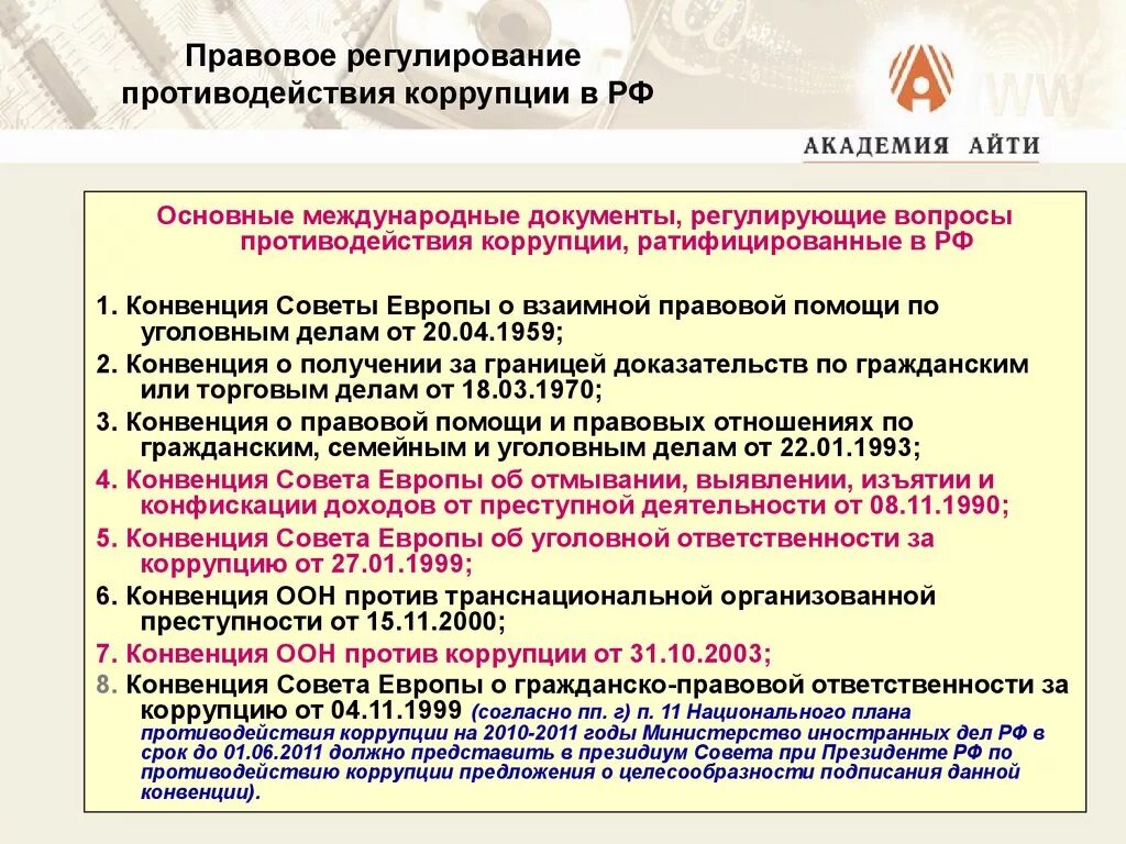 Международно правовое противодействие коррупции