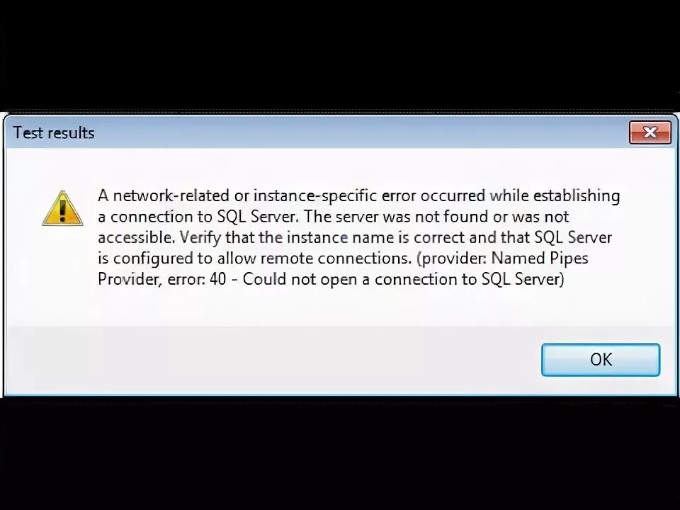 Error 40. Establishing connection to Server. Fatal Error 40 from Server. Configured to accept Remote connections. Error remote connection