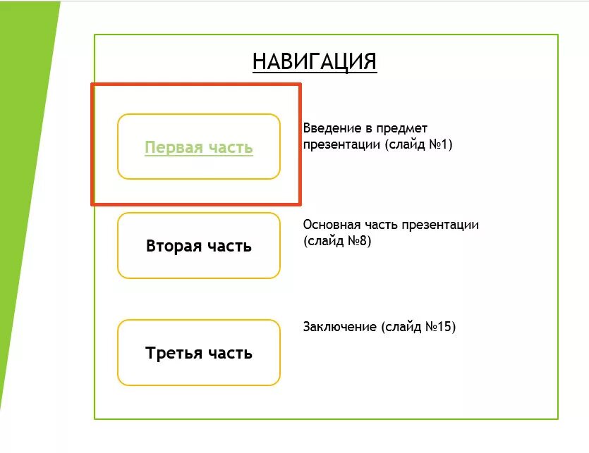 Первая часть презентации. Навигация в презентации. Навигация в презентации в POWERPOINT. Меню презентации со ссылками на другие слайды. Слайд меню в презентации.