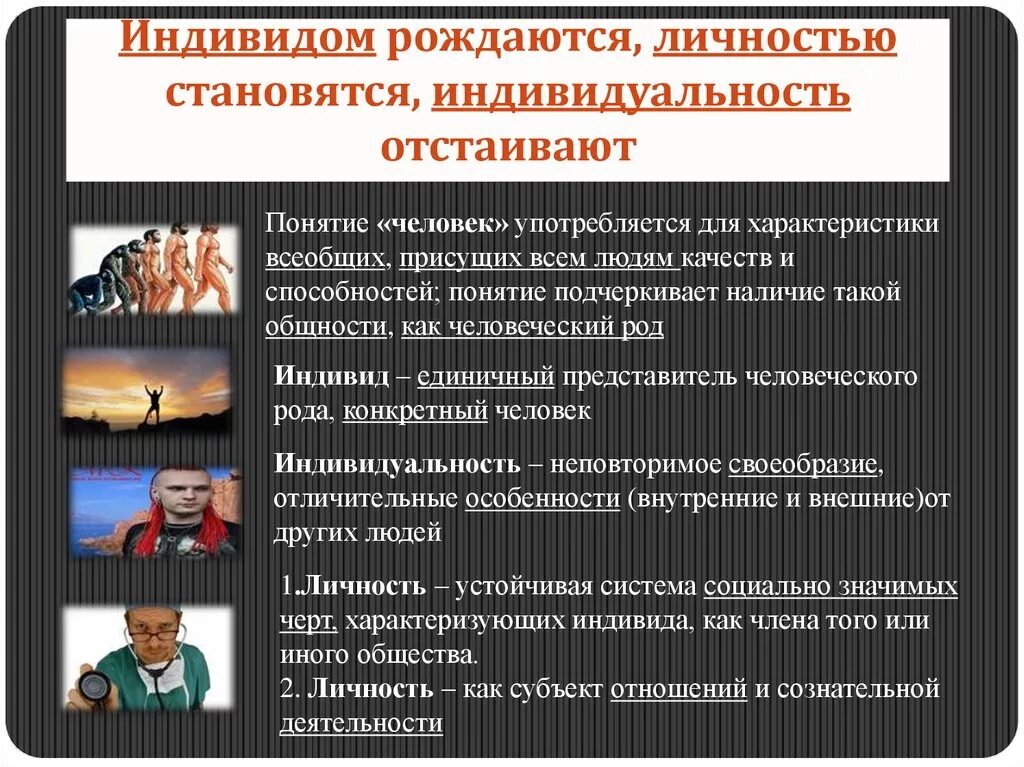 Индивидом рождаются личностью становятся. Индивидами рождаются личностью становятся индивидуальность. Индивид индивидуальность отстаивают личностью становятся. Индивид индивидуальность личность примеры. Человек рождается личностью становишься