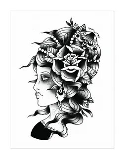 Traditional Lady Head, Black and Grey, Blackwork, Traditional Tattoo Flas.....