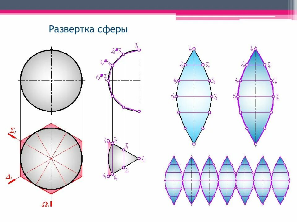 Полная развертка. Развертка сферы с 6 сегментами. развертка сферы начертательная геометрия. развёртка полусферы на плоскости. развертка шара начертательная геометрия.