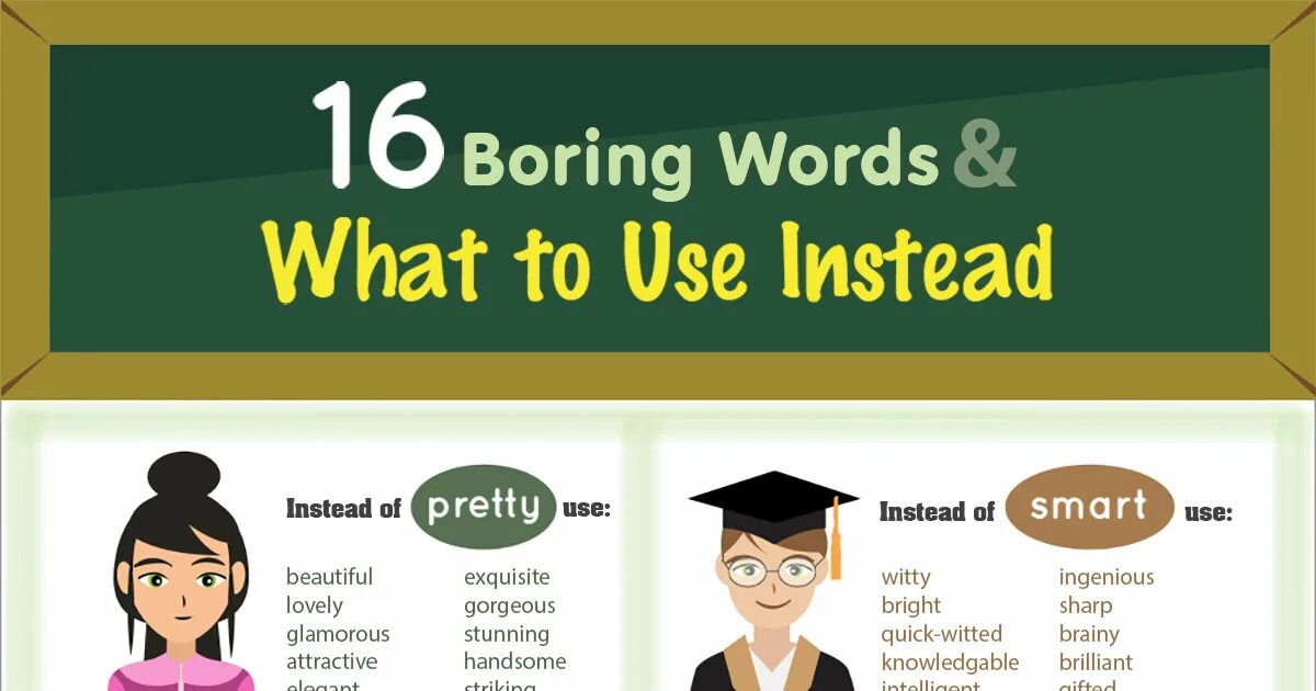 Words instead of word. Boring синонимы на английском. инфографика на уроках английского языка. interesting english words. using @ instead of a.