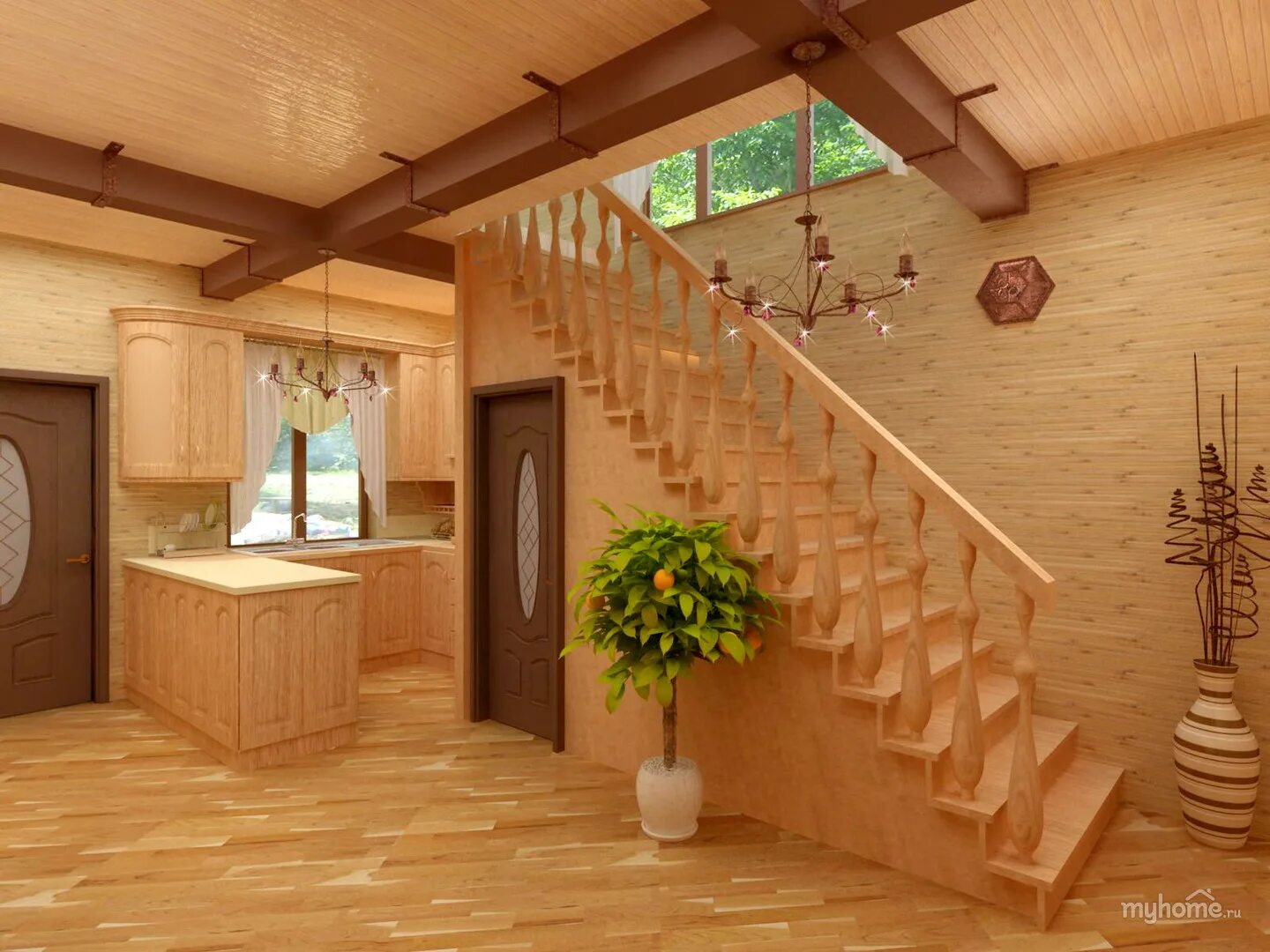 Дача первый этаж. Лестница в загородном доме. Гостиная с деревянной лестницей. Отделка загородного дома. Гостиная в частном доме с деревянной лестницей.
