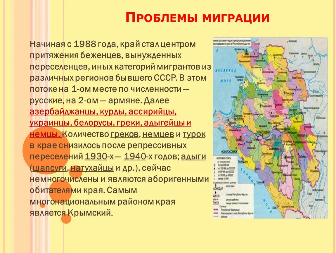 Какая плотность населения европейского юга. Многонациональный Краснодарский край. Миграция в Краснодарском крае. Проблемы мигрантов и вынужденных переселенцев. Миграция европейского Юга.