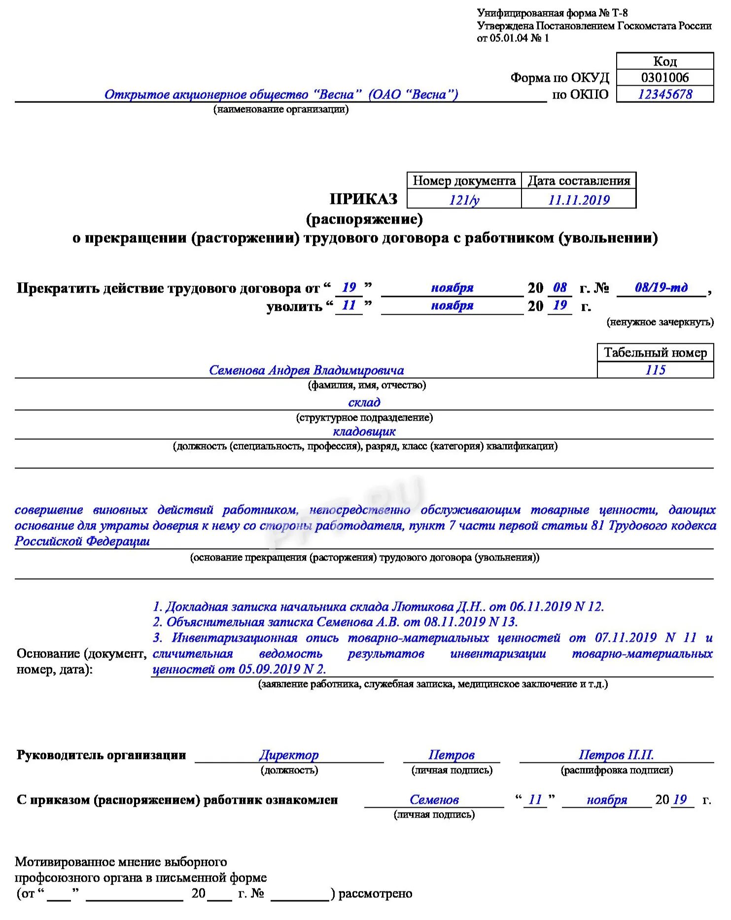 Увольнение с испытательного срока рф. Приказ о прекращении трудового договора с работником т-8. Приказ об увольнении т-8 образец заполнения. Приказ о прекращении трудового договора т8а образец. Пример заполнения приказа об увольнении т-8.