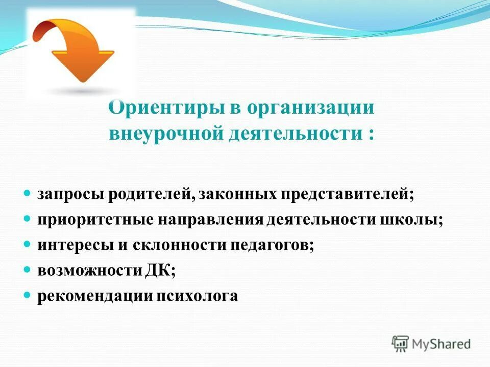 Ориентиры в организации внеурочной деятельности. Приоритетные направления внеучебной деятельности. Интересы и склонности педагога. Целевые ориентиры организации внеурочной деятельности в школе. Запросы родителей школа