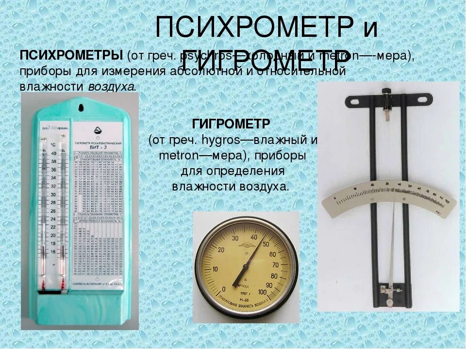 Гигрометр измеритель влажности механический. Приборы для измерения влажности воздуха физика 8 класс. Приборы для измерения влажности воздуха гигрометр жидкостный. Конденсационный гигрометр волосной гигрометр психрометр таблица. Какой прибор для измерения влажности воздуха.