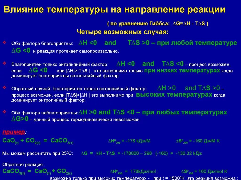 Пример реакции температуры. Реакция протекающая при температуре. Влияние температуры на направление химической реакции. Направление самопроизвольного протекания химических реакций.. Направление протекания реакции при температуре.