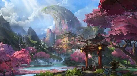 #962047 cherry blossom, Chinese architecture, mountains, artwork, river, fantasy