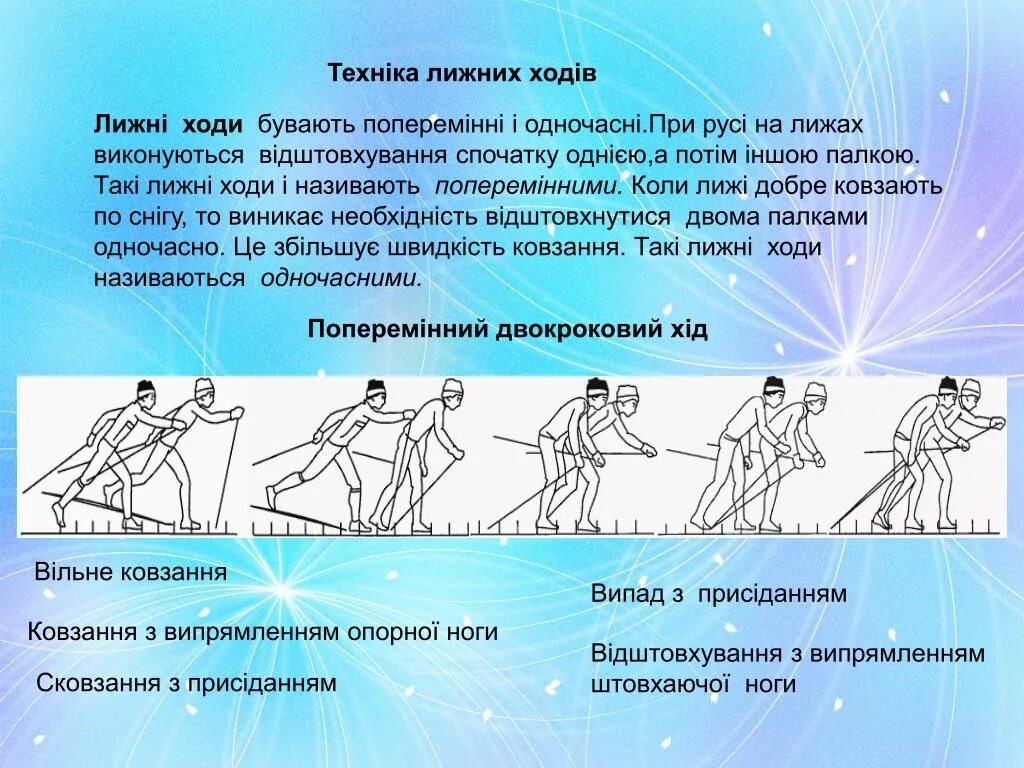 Свободное передвижение на лыжах. Попеременный двухшажный ход 5 фаз. Техника лыжных ходов попеременный ход. Фазы попеременного двухшажного хода. Попеременный двухшажный ход элементы техники.