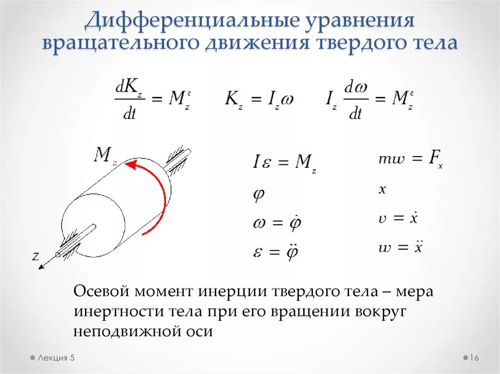 Уравнения поступательного движения тела. Дифференциальное уравнение вращательного движения. Дифференциальное уравнение вращательного движения твердого тела. Дифференцалтноеуравнение вращательного движения твердого тела. Дифференциальное уравнение вращения тела вокруг неподвижной оси.