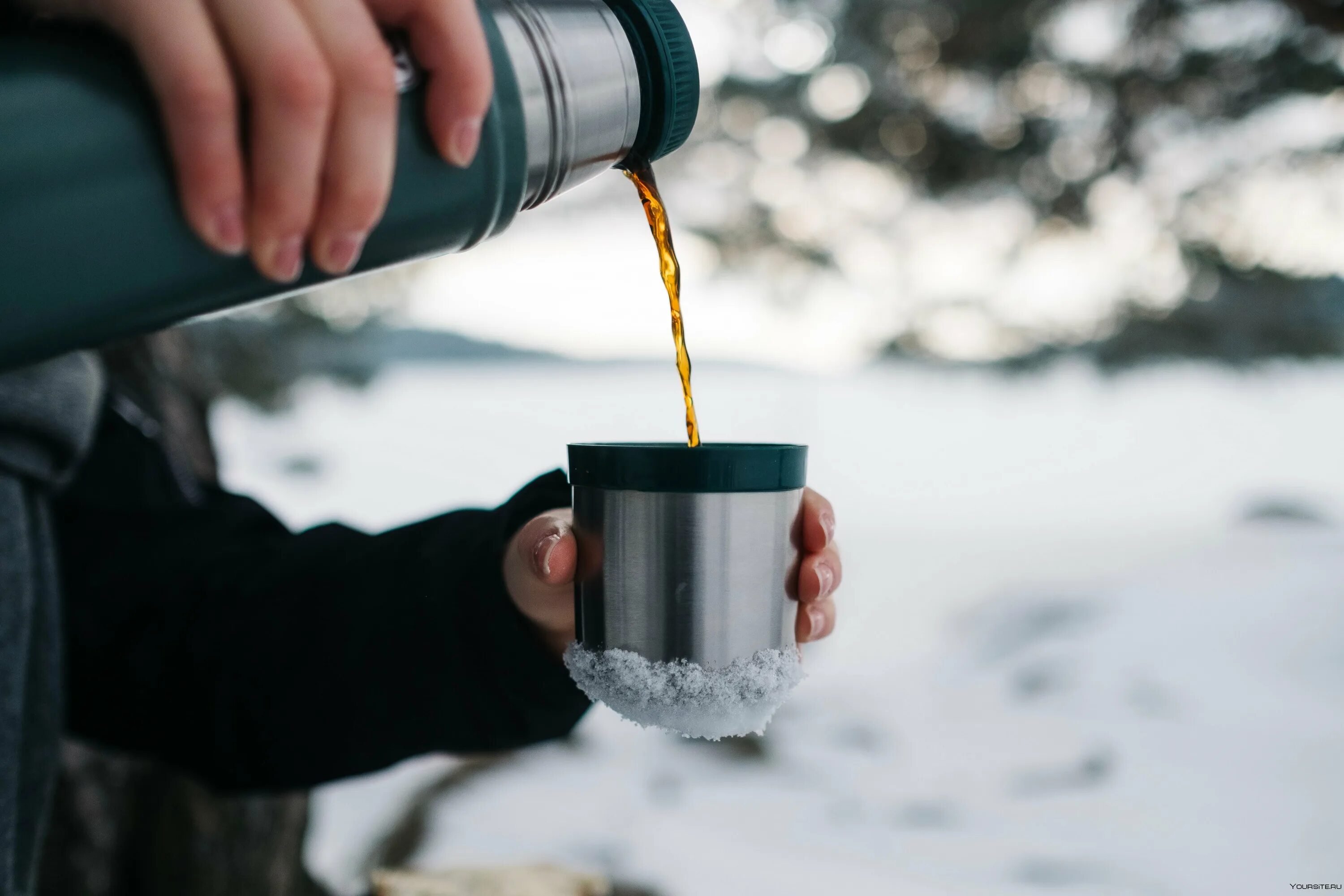 Чай из термоса. Термос с чаем в лесу зимой. Термос зима. Горячий чай в термосе.