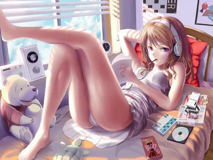 ...anime girls, cartoon, skirt, original characters, headphones, mouth, pan...