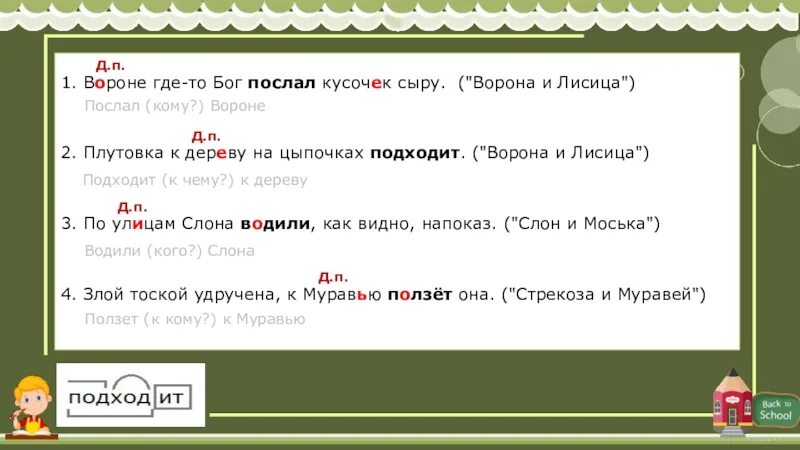 Ворону какой падеж. Вороне где-то Бог послал кусочек. Вороне Бог послал кусочек сыра падежи. Вороне где-то Бог послал кусочек сыра. Дательный падеж 3 класс презентация школа России.