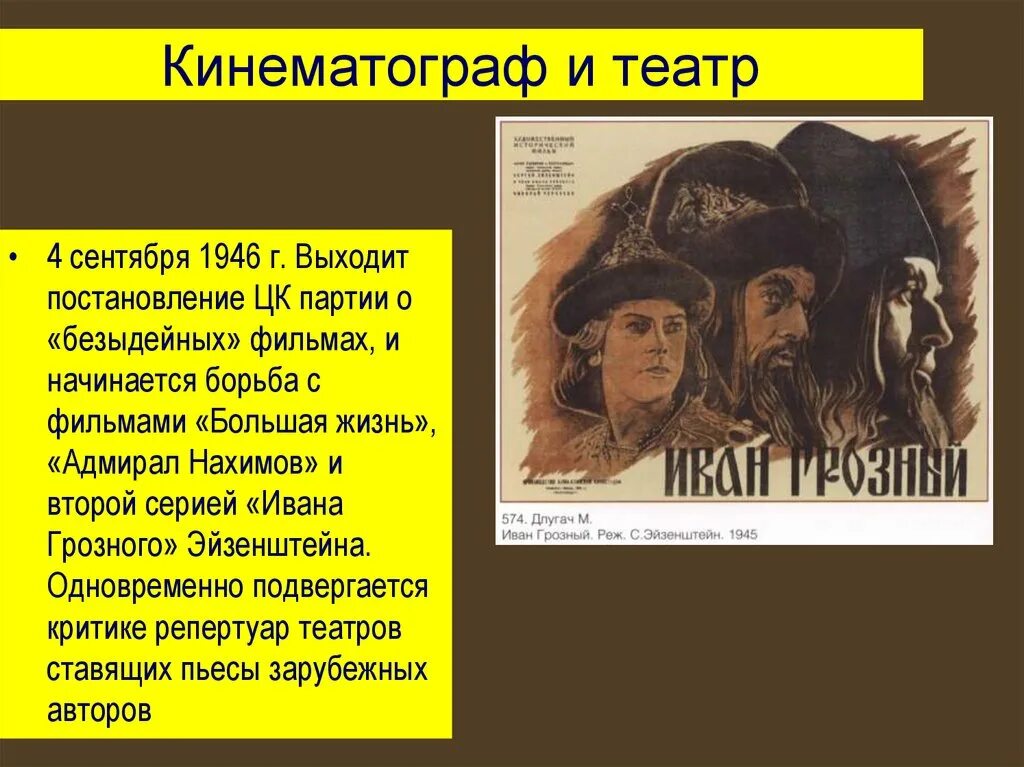 Произведения подвергшиеся критике. Кинематограф в послевоенные годы 1945-1953. Театр в послевоенные годы в СССР.