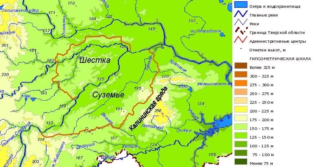 Карта рельефа Тверской области. Гипсометрическая карта Тверской области. Рельеф местности Тверской области. Возвышенности Тверской области.