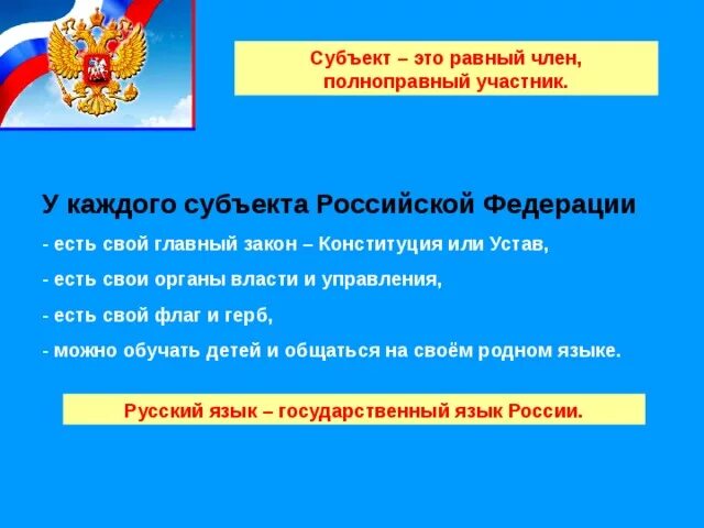 Субъекты федерации имеют свою конституцию. Субъекты РФ Обществознание. Субъекты Российской Федерации Обществознание 5 класс. Что есть у каждого субъекта Российской Федерации. У каждого субъекта РФ есть.