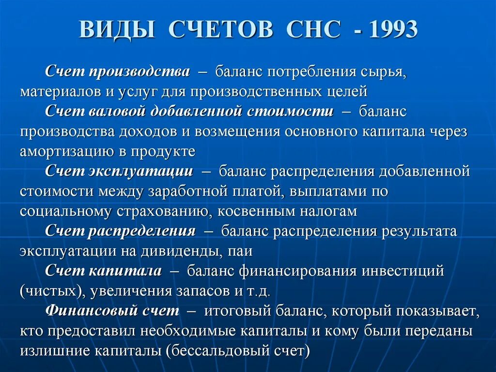 Производственные цели счет. Виды национальных счетов. Система национальных счетов виды. Счет производства в системе национальных счетов. СНС 1993.