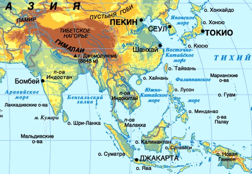 Какие моря омывают берега китая. Полуостров Индокитай полуострова Азии. Индокитай полуостров на карте. Зарубежная Азия проливы и заливы на карте. Карта Азии с морями проливами и заливами.