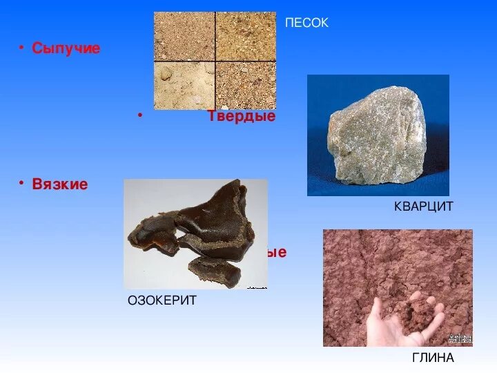 Горные породы 5 класс география тест. Сыпучие Твердые вязкие горные породы. Глина рыхлая или твердая. Глина рыхлая или сыпучая. Коренные и рассыпные Твердые ископаемые.