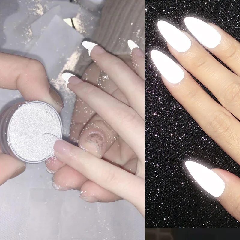 белый маникюр с блестками. маникюр розовый зеркальный. ногти со светоотражающим гелем. маникюр со светящимся лаком. красивый блестящий маникюр.
