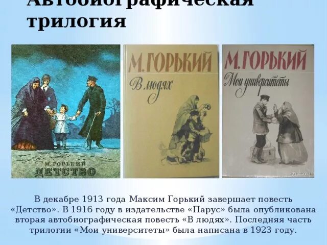 Часть трилогии л толстого. Трилогия Горького детство в людях Мои университеты. Трилогия Максима Горького детство. Автобиографическая трилогия Горького.