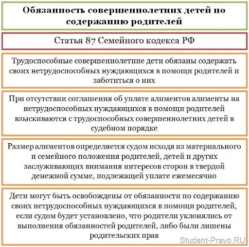 Что будет если совершеннолетний без прав. Обязанности совершеннолетних детей по содержанию родителей. Обязанности родителей по содержанию детей.