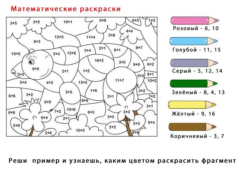Раскраски с примерами для 6 лет. Математическая раскраска. математические раскраски для детей. математическая разукрашка для 1 класса. раскрасить картинку с примерами.
