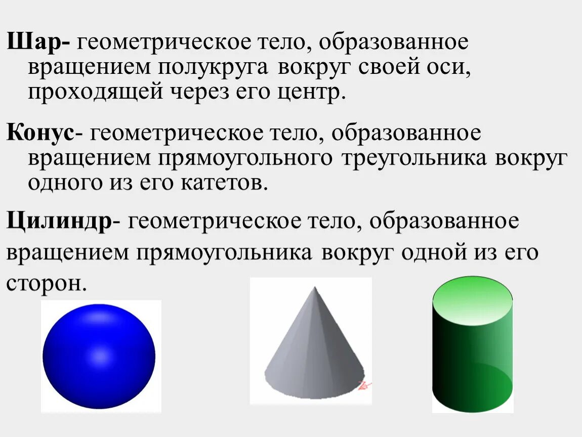 Тела вращения виды. Шар геометрическое тело. Конус геометрическое тело образованное вращением. Круглые геометрические тела. Тела вращения геометрические тела.