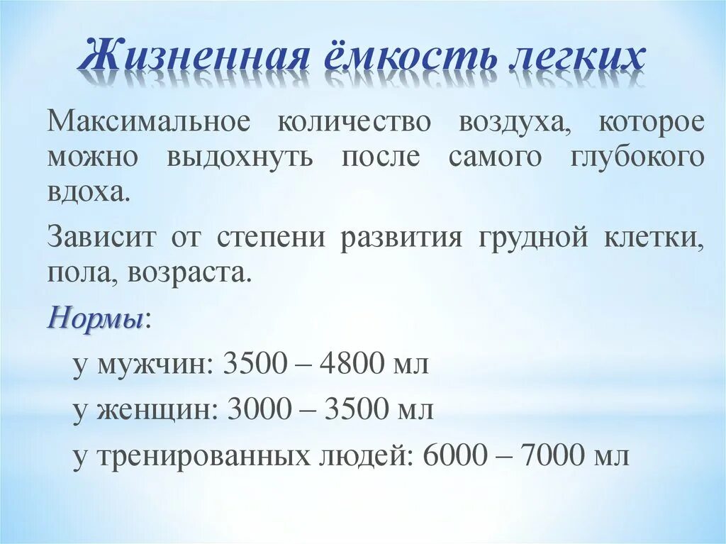 Наибольшая емкость легких. Жизненная емкость легки. Объем выдыхаемого воздуха. Понятие о жизненной емкости легких. Воздушные емкости легких.