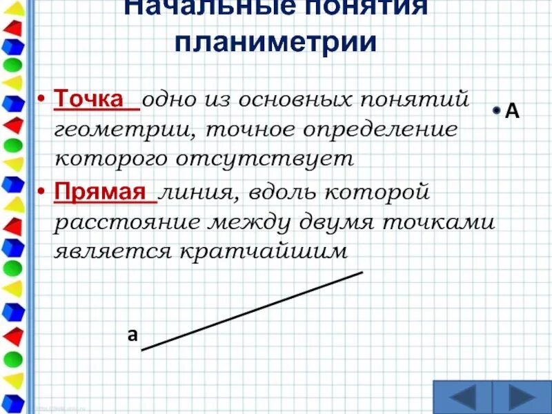 Начальные понятия планиметрии. Перечислите основные фигуры планиметрии. Свойство основных фигур планиметрии. Назовите основные фигуры планиметрии.