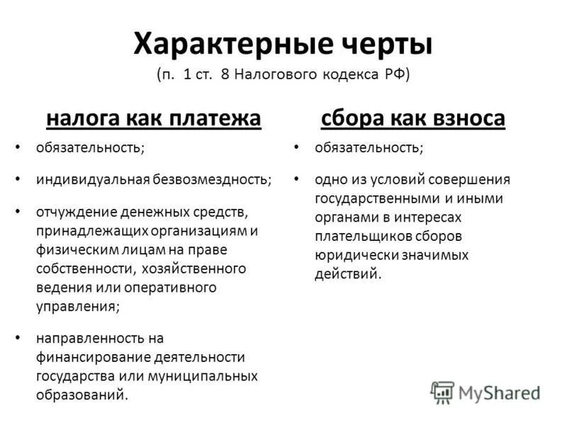 Признаки присущи любому налогу. Отличительные черты налогов и сборов. Различие между налогом и сборам. Общие черты налога и сбора. Общие и отличительные черты налогов и сборов.