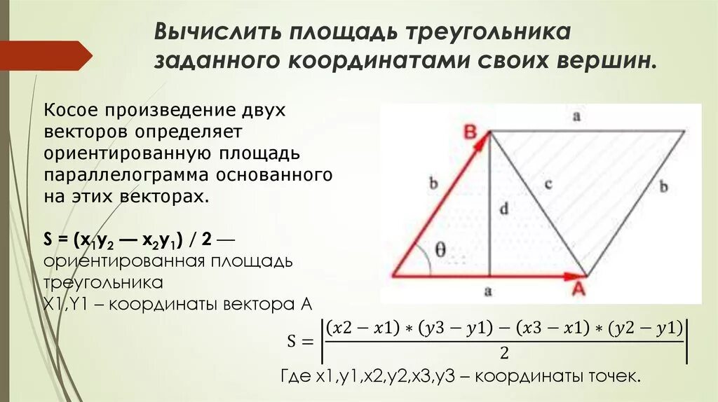 Площадь, треугольника заданного координатами. Как вычислить площадь треугольника через вектора. Косое произведение векторов. Формула площади треугольника через координаты его вершин.