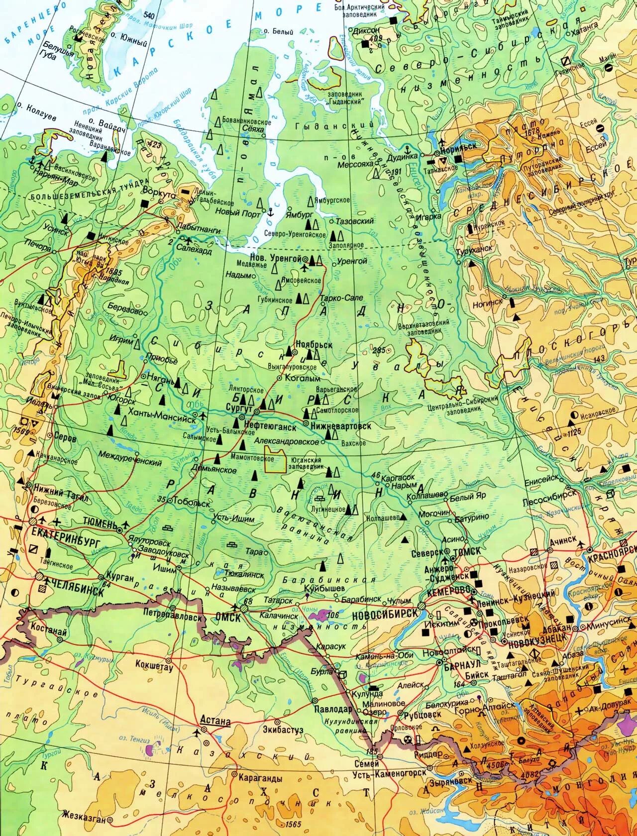 Высота над уровнем моря западно сибирской. Карта Западной Сибири географическая. Карта Западной Сибири географическая крупная с городами. Физическая арта Западной Сиири. Физическая карта Западной Сибири.