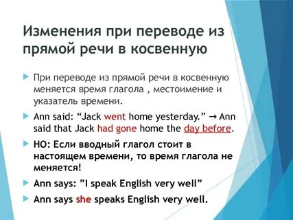 Правила перевода в косвенную речь английский