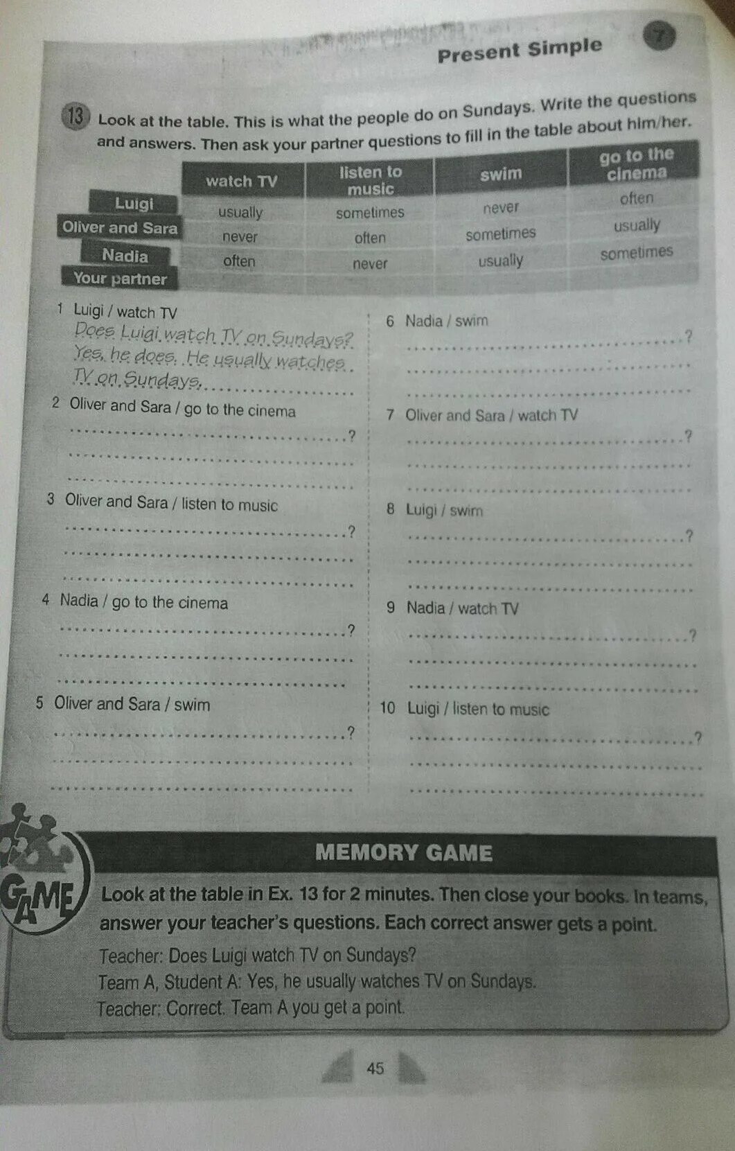 7 ask questions to the answers. Write questions and answers. look at the table and answer the questions. look at the answers and write the questions. questions and answers look at.