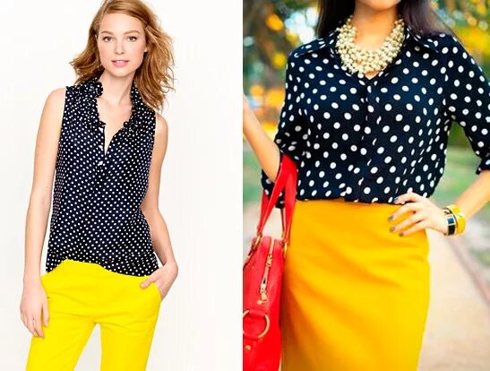 с чем сочетается горох. блузка в желтый горошек. с чем сочетается горох. сочетание принтов в одежде. блузка желтого цвета в горох.