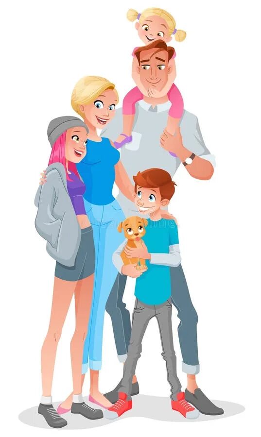 Семья рисунок. Мультяшная семья с тремя детьми. Семья с тремя детьми иллюстрации. Иллюстрация семьи с двумя дочками. Папа мама мальчик сестра